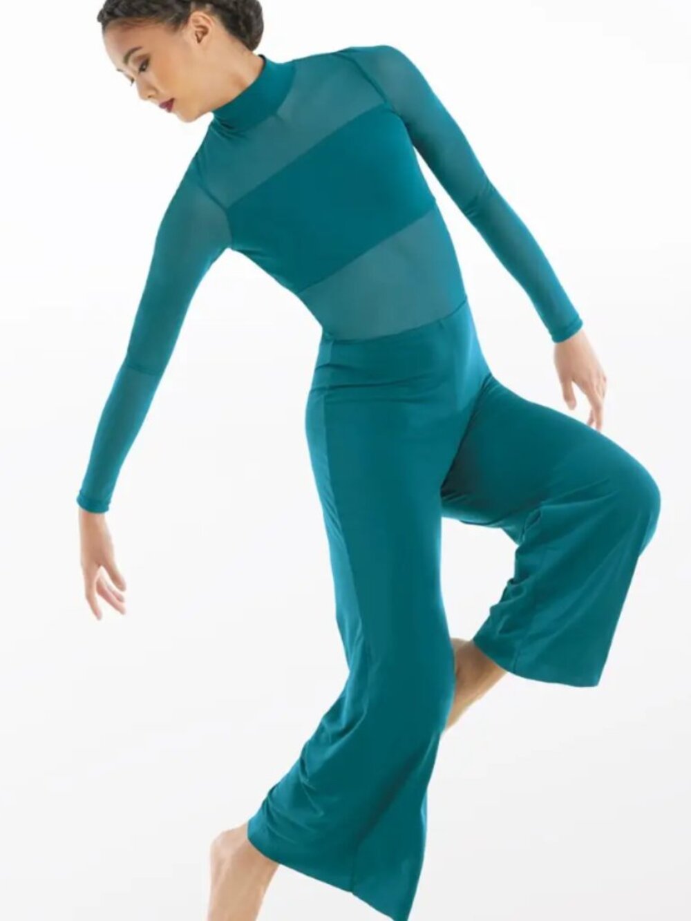 Balera Teal Long-Sleeve Mock Neck "Culotte" Unitard with Mesh - Picture 6 of 7